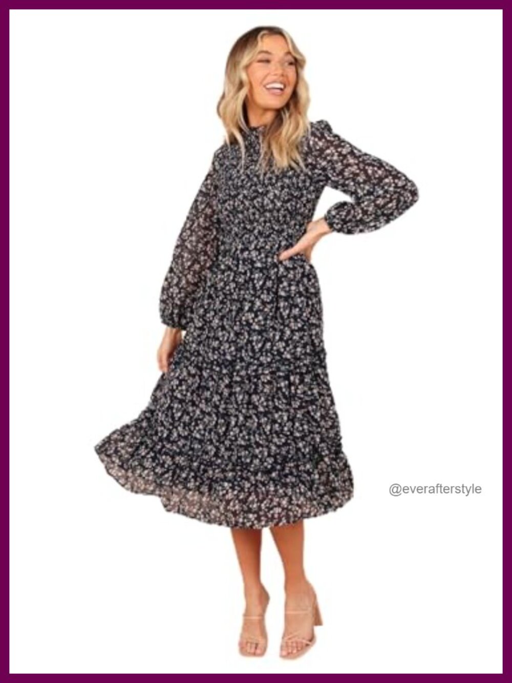 Petal & Pup Edwina Shirred Frill Long Sleeve Midi Dress